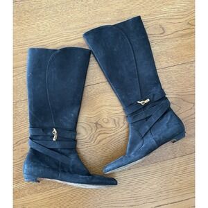 Jimmy Choo Black Suede Tall Ankle-Strap Boots with Gold Accent